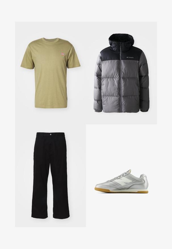 Puffer jacket in grey and black with a high collar, quilted design, zip front, adjustable hood, and Columbia logo on the chest.; Olive green cotton t-shirt with short sleeves, crew neck, and small colorful logo on the left chest. Simple, classic design.; Black wide-leg pants made from cotton blend fabric, featuring a button closure and straight cut with minimal visible stitching.; Silver athletic shoe with a smooth, shiny surface, white logo on the side, textured gray laces, and a gum rubber sole.