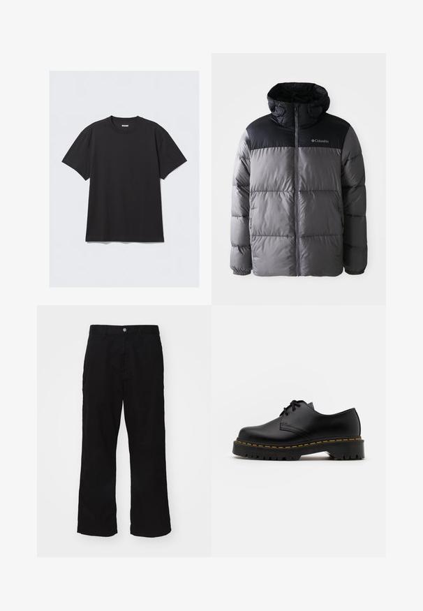 Grau und schwarz gepufferte Jacke mit hohem Kragen, gestepptem Design, Reißverschluss vorne, verstellbarer Kapuze und Columbia-Logo auf der Brust.; Schwarzes T-Shirt mit kurzen Ärmeln aus Baumwolle. Hat einen Rundhalsausschnitt und eine lockere Passform. Einfaches Design ohne sichtbare Muster oder Akzente.; Schwarze weit geschnittene Hosen aus Baumwollmischgewebe, mit einem Knopfverschluss und geradem Schnitt, der nur minimale sichtbare Nähte aufweist.; Schwarze Leder Schnürschuhe mit runder Spitze, strukturiertem Gummisohle und gelben Nähten um den Rand. Flaches Design und glatte Oberfläche.