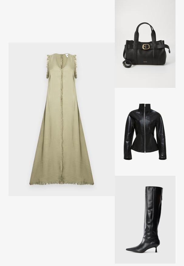 Melnas ādas jakas ar augstu apkakli, rāvējslēdzēja aizdari un pieguļošu dizainu. Iespējami gludi, paneli šuvi un gluda, spīdīga tekstūra.; Kleita bez piedurknēm olīvu zaļā krāsā ar dziļu V veida kakla izgriezumu, centrālo šuvi un frēzētiem akcentiem uz pleciem un apakšmalas. Gluda, viegla auduma.; Melnas ādas ceļgala augstuma zābaki ar norādītu purngalu un plānu izliekumu papēdi. Gluda tekstūra, pieguļošs dizains un bez redzamām detaļām vai rakstiem.; Melnas ādas rokassoma ar strukturētu dizainu, divām augšējām rokturām, zelta toņa sprādzes akcentu un iegravētu zīmola logo priekšpusē.