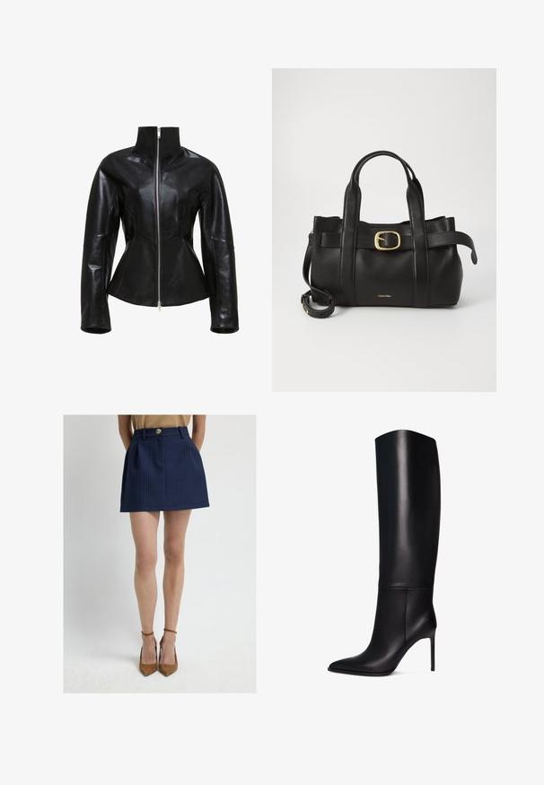 Chaqueta de cuero negra con un alto cuello, cierre de cremallera y diseño ajustado. Presenta costuras paneladas elegantes y una textura suave y brillante.; Top sin mangas de color verde claro, hecho de una tela suave, con cuello alto y una silueta ajustada. Sin herrajes ni patrones visibles.; Minifalda azul marino con un patrón de cuadrícula texturizado, que cuenta con un botón en la parte delantera, pliegues y una cintura no elástica.; Bota de tacón stiletto negra de cuero hasta la rodilla con puntera puntiaguda. Textura suave, diseño estructurado y un tacón alto y delgado. Sin herrajes ni patrones visibles.; Bolso de cuero negro con un diseño estructurado, doble mango superior, detalle de hebilla en tono dorado y logo de la marca grabado en la parte frontal.