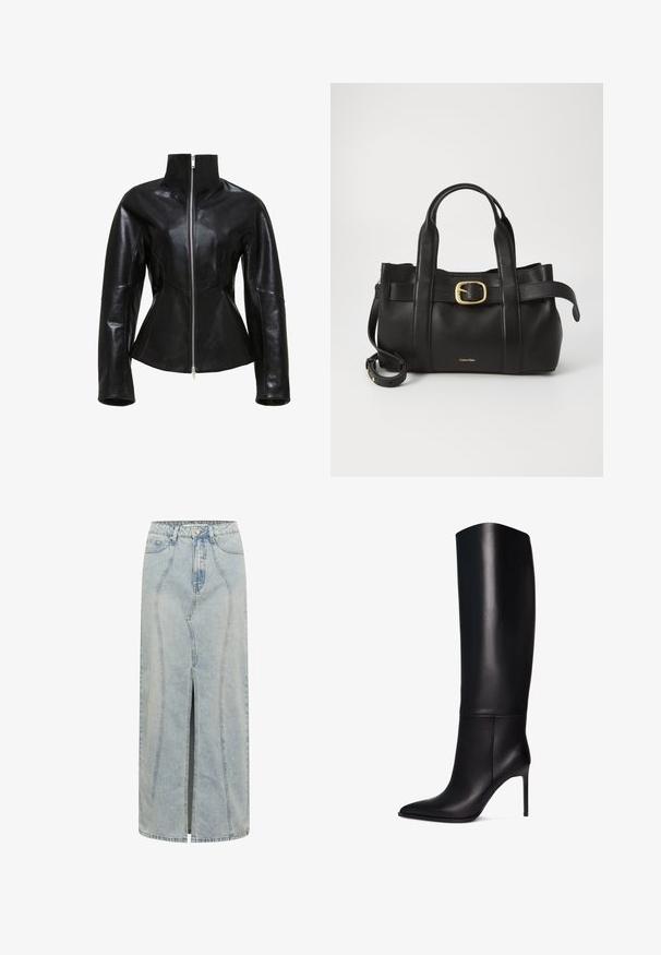 Fekete bőrdzseki magas gallérral, cipzárral és testhezálló fazonnal. Csíkos varrásokkal és sima, fényes textúrával rendelkezik.; Ujjatlan, világoszöld top, sima anyagból készült, magas nyakkal és testhez simuló szabással. Nincsenek látható fémrészek vagy minták.; Világoskék farmer szoknya egyenes szabással, elöl hasítékkal, övpántokkal és részletes varrással az oldalvarratok mentén.; Térdizó fekete bőr stiletto csizma hegyes orral. Sima felület, strukturált dizájn és vékony magas sarkú. Nincs látható fémrész vagy minta.; Fekete bőr kézitáska, amely strukturált kialakítással rendelkezik, dupla felső fogantyúval, arany tónusú csattal és a márka dombornyomott logójával az elején.