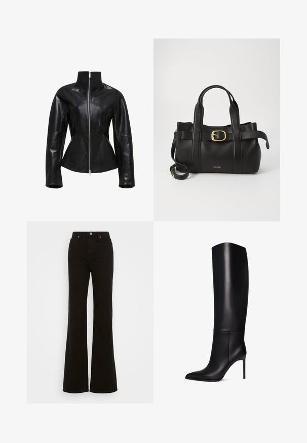 Fekete bőrdzseki magas gallérral, cipzárral és testhezálló fazonnal. Csíkos varrásokkal és sima, fényes textúrával rendelkezik.; Ujjatlan, világoszöld top, sima anyagból készült, magas nyakkal és testhez simuló szabással. Nincsenek látható fémrészek vagy minták.; Magas derekú fekete trapéz farmer, gombos záródással, oldalsó zsebekkel és sima textúrával.; Térdizó fekete bőr stiletto csizma hegyes orral. Sima felület, strukturált dizájn és vékony magas sarkú. Nincs látható fémrész vagy minta.; Fekete bőr kézitáska, amely strukturált kialakítással rendelkezik, dupla felső fogantyúval, arany tónusú csattal és a márka dombornyomott logójával az elején.