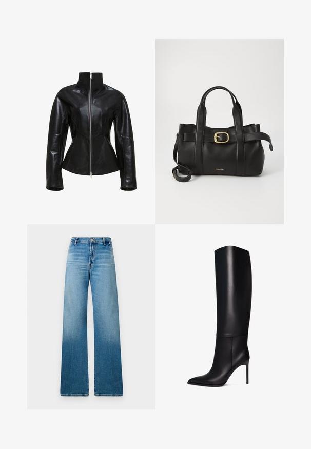 Black leather jacket with a high collar, zip closure, and fitted design. Features sleek, panelled seams and a smooth, shiny texture.; Sleeveless light green top made of smooth fabric, featuring a high neck and a fitted silhouette. No visible hardware or patterns.; Wide-leg jeans in light blue denim, featuring a classic five-pocket design and a subtle gradient texture from darker to lighter blue.; Knee-high black leather stiletto boot with pointed toe. Smooth texture, structured design, and a slim high heel. No visible hardware or patterns.; Black leather handbag featuring a structured design, dual top handles, gold-tone buckle accent, and embossed brand logo at the front.