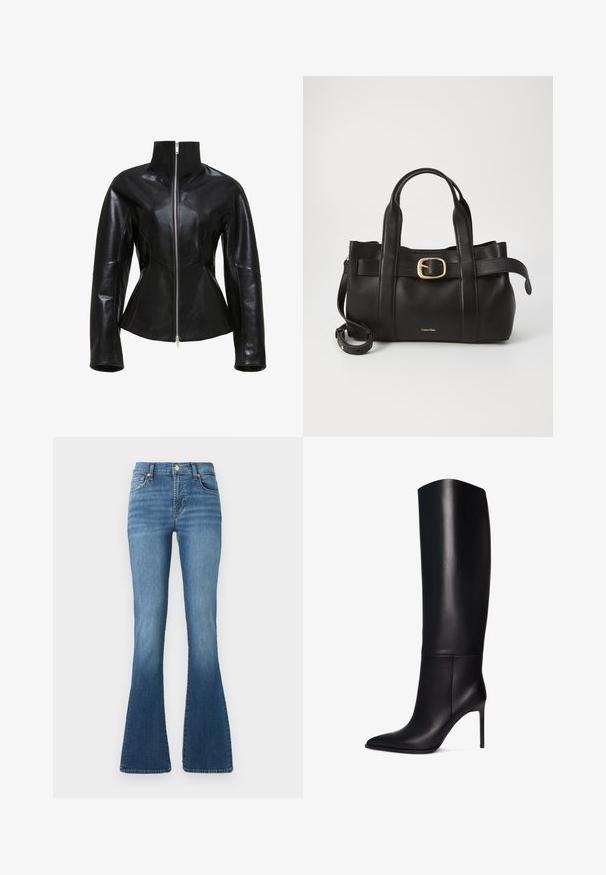 Schwarze Lederjacke mit hohem Kragen, Reißverschluss und figurbetontem Design. Verfügt über elegante, genähte Nähte und eine glatte, glänzende Textur.; Ärmelloses, hellgrünes Oberteil aus glattem Stoff, mit hohem Kragen und taillierter Silhouette. Keine sichtbaren Beschläge oder Muster.; Blaue Denim-Jeans mit weitem Bein und hoher Taille, mit einem Knopfverschluss vorne, dezenten Waschungen und einer glatten, weichen Textur.; Knöchelhohe schwarze Leder-Stiletto-Stiefel mit spitzem Zeh. Glatte Textur, strukturiertes Design und schmaler hoher Absatz. Keine sichtbaren Beschläge oder Muster.; Schwarze Lederhandtasche mit strukturiertem Design, doppelten oberen Griffen, goldfarbenem Schnallenakzent und geprägtem Markenlogo auf der Vorderseite.