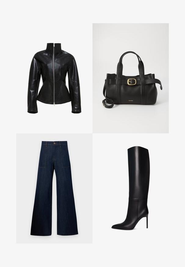 Schwarze Lederjacke mit hohem Kragen, Reißverschluss und figurbetontem Design. Verfügt über elegante, genähte Nähte und eine glatte, glänzende Textur.; Ärmelloses, hellgrünes Oberteil aus glattem Stoff, mit hohem Kragen und taillierter Silhouette. Keine sichtbaren Beschläge oder Muster.; Dunkelblaue weit geschnittene Jeans aus Denim, ausgestattet mit zwei Vordertaschen, sichtbaren Nähten und einem Knopfverschluss an der Taille.; Knöchelhohe schwarze Leder-Stiletto-Stiefel mit spitzem Zeh. Glatte Textur, strukturiertes Design und schmaler hoher Absatz. Keine sichtbaren Beschläge oder Muster.; Schwarze Lederhandtasche mit strukturiertem Design, doppelten oberen Griffen, goldfarbenem Schnallenakzent und geprägtem Markenlogo auf der Vorderseite.