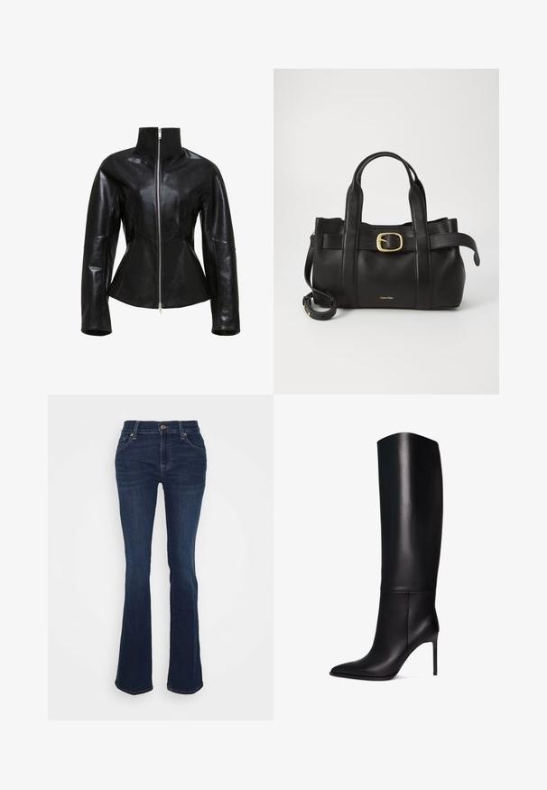 Schwarze Lederjacke mit hohem Kragen, Reißverschluss und figurbetontem Design. Verfügt über elegante, genähte Nähte und eine glatte, glänzende Textur.; Ärmelloses, hellgrünes Oberteil aus glattem Stoff, mit hohem Kragen und taillierter Silhouette. Keine sichtbaren Beschläge oder Muster.; Dunkelblaue Schlagjeans aus Denim; hohe Taille, fünf Taschen, goldene Hardware-Akzente und glatte Textur mit subtiler Ausbleichung an den Oberschenkeln.; Knöchelhohe schwarze Leder-Stiletto-Stiefel mit spitzem Zeh. Glatte Textur, strukturiertes Design und schmaler hoher Absatz. Keine sichtbaren Beschläge oder Muster.; Schwarze Lederhandtasche mit strukturiertem Design, doppelten oberen Griffen, goldfarbenem Schnallenakzent und geprägtem Markenlogo auf der Vorderseite.