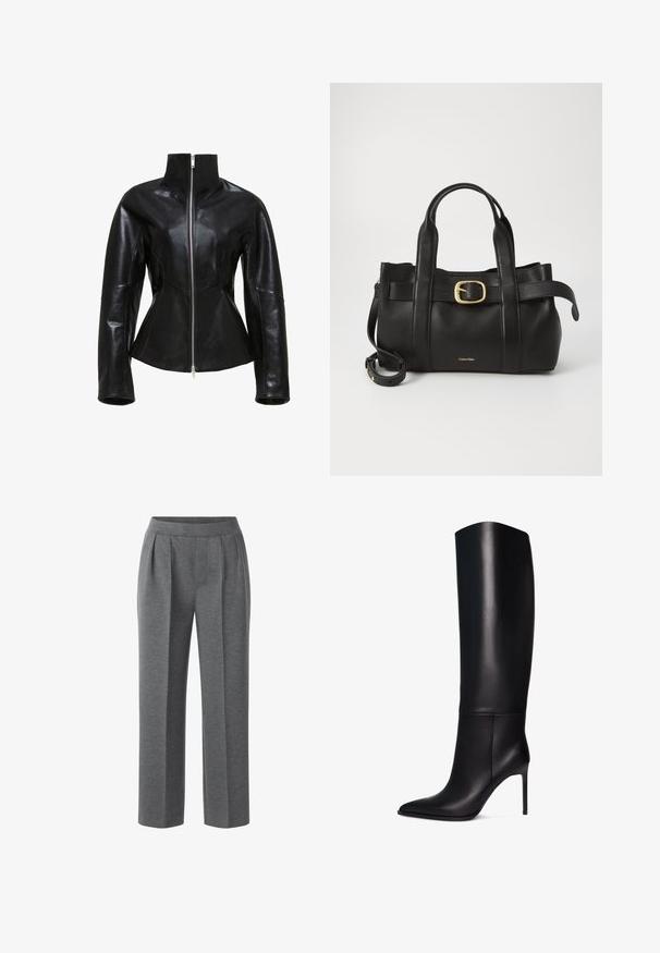 Jachetă din piele neagră cu guler înalt, închidere prin fermoar și design ajustat. Prezintă cusături elegante, panificate și o textură netedă, lucioasă.; Top fără mâneci, de culoare verde deschis, realizat dintr-un material neted, având un gât înalt și o siluetă ajustată. Fără accesorii sau modele vizibile.; Pantaloni plisati gri, fabricati dintr-un material moale. Au un front drept si picioare largi, oferind o potrivire relaxata. Fara accesorii sau detalii vizibile.; Cizmă neagră din piele cu toc stiletto, până la genunchi, cu vârf ascuțit. Textură netedă, design structurat și toc înalt subțire. Fără hardware sau modele vizibile.; Geantă de mână din piele neagră, cu un design structurat, mânere superioare duale, accent cu cataramă aurie și logo-ul brandului embosat în față.