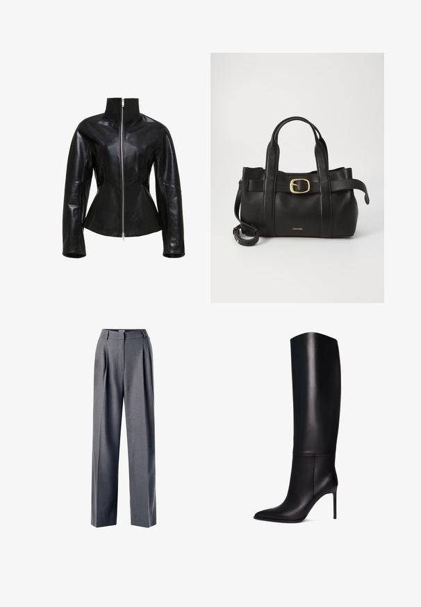 Fekete bőrdzseki magas gallérral, cipzárral és testhezálló fazonnal. Csíkos varrásokkal és sima, fényes textúrával rendelkezik.; Ujjatlan, világoszöld top, sima anyagból készült, magas nyakkal és testhez simuló szabással. Nincsenek látható fémrészek vagy minták.; Szürke, szabott nadrág, plisszírozott elülső résszel, széles szárú fazonnal és sima textúrával, lapos derékpánttal és oldalsó zsebekkel.; Térdizó fekete bőr stiletto csizma hegyes orral. Sima felület, strukturált dizájn és vékony magas sarkú. Nincs látható fémrész vagy minta.; Fekete bőr kézitáska, amely strukturált kialakítással rendelkezik, dupla felső fogantyúval, arany tónusú csattal és a márka dombornyomott logójával az elején.