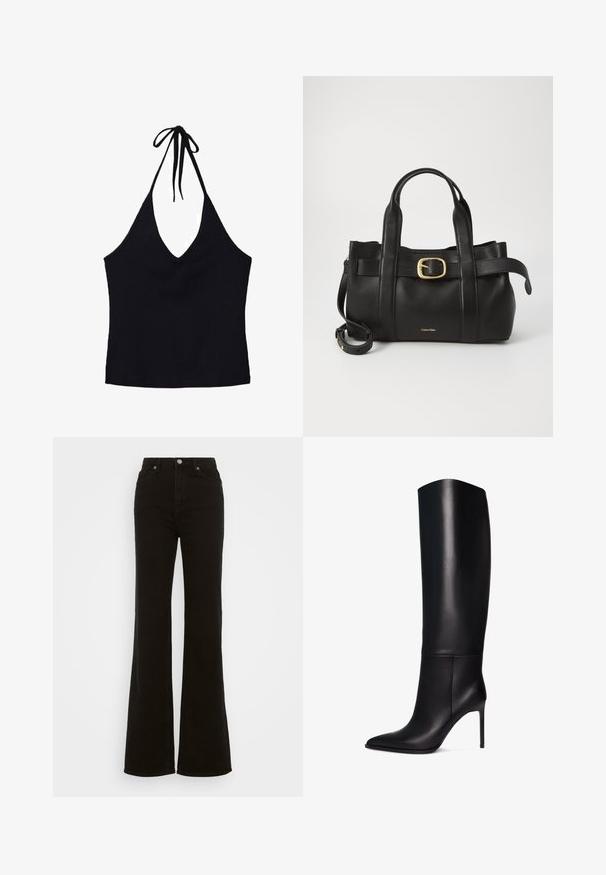 Veste en cuir noir avec un col haut, fermeture éclair et coupe ajustée. Présente des coutures élégantes et panneaux avec une texture lisse et brillante.; Haut halter noir en tissu côtelé, avec un décolleté en V profond et un lien ajustable au cou. Silhouette ajustée sans détails supplémentaires.; Jean évasé noir taille haute en denim, avec une fermeture à bouton, des poches latérales et une texture lisse.; Botte stiletto en cuir noir hauteur genoux avec un bout pointu. Texture lisse, design structuré et un talon slim et haut. Pas de matériel ou de motifs visibles.; Sac à main en cuir noir présentant un design structuré, deux poignées supérieures, un accent de boucle en ton doré et un logo de la marque en relief à l'avant.