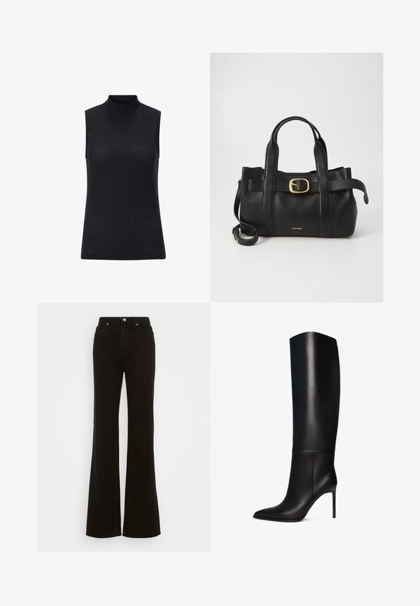 Czarna skórzana kurtka z wysokim kołnierzem, zamkiem błyskawicznym i dopasowanym krojem. Charakteryzuje się eleganckimi, panelowymi szwami oraz gładką, błyszczącą teksturą.; Czarny bezrękawnik z wysokim dekoltem, wykonany z prążkowanego, teksturowanego materiału, z dopasowaną sylwetką i gładką, odblaskową powierzchnią.; Czarne dżinsy z wysokim stanem i rozszerzanymi nogawkami, wykonane z denimu, z zapięciem na guzik, bocznymi kieszeniami oraz gładką fakturą.; Czarne skórzane botki na obcasie typu stiletto do kolan z szpiczastym noskiem. Gładka faktura, zorganizowany design i smukły, wysoki obcas. Brak widocznych elementów metalowych lub wzorów.; Czarna skórzana torebka o zorganizowanej konstrukcji, z podwójnymi uchwytami u góry, akcentem w postaci złotego zapięcia oraz wytłoczonym logo marki z przodu.