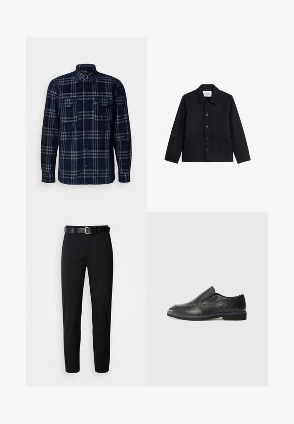 Marineblaues Jackett aus weichem Stoff, mit einem Kragen, vorderen Knöpfen und zwei großen seitlichen Taschen. Einfaches, strukturiertes Design.; Dunkelblaues Hemd mit Knöpfen und grau-geblümtem Muster, zwei Brusttaschen mit Knopfklappen und umgelegtem Kragen.; Schwarze, gerade geschnittene Hose mit glatter Textur und einem schwarzen Ledergürtel mit silberner Schnalle. Einfaches Design, ohne Muster oder Akzente.; Schwarze Leder-Slipper mit glattem Obermaterial, gesteppten Akzenten, runder Zehenpartie und niedrigem Gummiabsatz. Die Sohle hat ein minimales Profil.