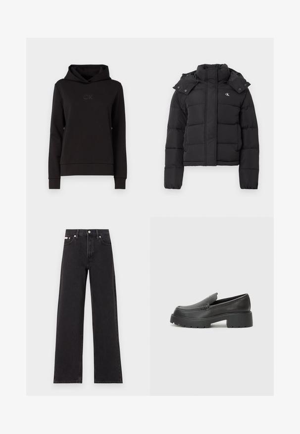 Giubbotto imbottito nero con colletto alto, cappuccio rimovibile con bottoni a pressione e piccolo logo bianco "CK" sul lato sinistro del petto.; Felpa nera con cappuccio realizzata in tessuto liscio, dotata di cappuccio regolabile, polsini a coste e logo CK tono su tono sul petto.; Jeans neri a gamba larga in denim, con vita alta, styling a cinque tasche e chiusura con bottone metallico e cuciture a contrasto.; Mocassini in pelle nera con punta arrotondata, suola spessa e testurizzata, e minime cuciture. Design elegante senza lacci o parti metalliche visibili.