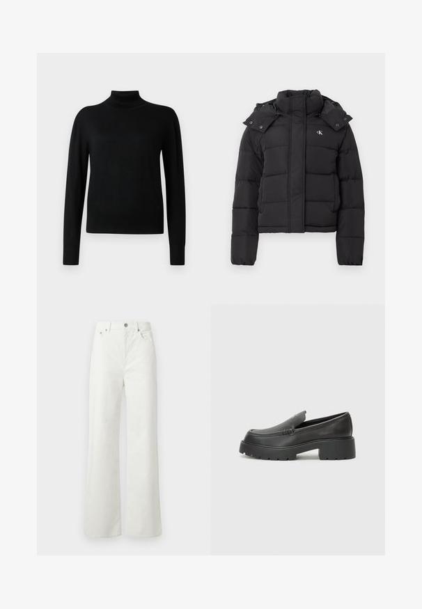 Fekete puffdzseki magas gallérral, levehető kapucnival, patentgombokkal, és kis fehér "CK" logóval a bal mellrészen.; Fekete garbó pulóver hosszú ujjakkal, sima kötésű anyagból. Fitt fazonnal rendelkezik, bordás mandzsettákkal és szegéllyel.; Samsøe Samsøe SHELLY - Laza szabású farmerek - clear cream; Fekete bőr loafer cipők kerek orral, vastag, texturált talppal és minimális varrási részletekkel. Áramvonalas dizájn, látható fűzők vagy fém részek nélkül.