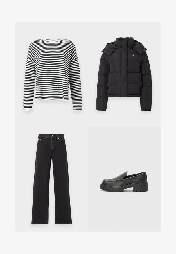 Fekete puffdzseki magas gallérral, levehető kapucnival, patentgombokkal, és kis fehér "CK" logóval a bal mellrészen.; Hosszú ujjú, környakú felső, puha anyagból, fekete-fehér vízszintes csíkokkal. Bordázott mandzsettákkal és aljjal rendelkezik.; Fekete, bőszárú farmernadrág, magas derekú, öt zsebes kialakítással és fém gombos záródással, kontrasztos varrással.; Fekete bőr loafer cipők kerek orral, vastag, texturált talppal és minimális varrási részletekkel. Áramvonalas dizájn, látható fűzők vagy fém részek nélkül.