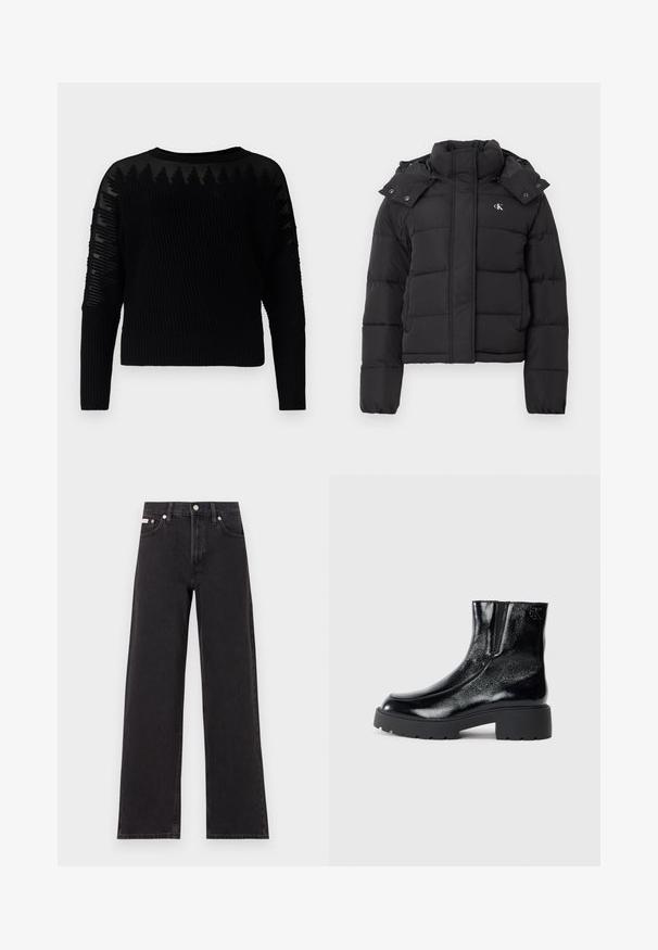 Melna pūkainā jaka ar augstu apkakli, noņemamu kapuci ar spiedpogām un mazu baltu "CK" logo kreisajā krūtī.; Melnā adīta džemperis ar ribotu tekstūru un caurspīdīgiem raksta akcentiem uz piedurknēm. Arapa kakls un garas piedurknes, ar īsāku dizainu.; Melni platmalu džinsi, kas izgatavoti no denima, ar augstu vidukli, piecu kabatu dizainu un metāla pogas aizdari ar kontrastējošu šuvumu.; Melnas potītes zābaki ar spīdīgu lakotu ādas apdari, masīvu melnu gumijas zoli un paaugstinātu papēdi; satur subtilu logotipa detaļu sānu daļā.