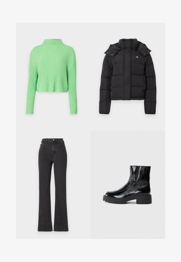 Juoda pūkinė striukė su aukštu apykakle, nuimama kapučino su spaudiniais ir mažu baltu "CK" logotipu kairiajame krūtinės gale.; Šviesiai žalia, trumpa megztinis su aukštu kaklu, banguota tekstūra ir ilgomis rankovėmis. Turi laisvą siluetą ir minkštą audinį.; Juodi aukštu liemeniu platėjantys džinsai, pagaminti iš džinsinio audinio, su mygtuko uždarymu, diržo kilpomis ir šoninėmis kišenėmis. Lygus paviršius su minimaliais išblukimais.; Juodi kulkšniniai batai su blizgia lakuota oda, storu juodu guminio pado ir pakeltu kulnu; šone yra subtilus logotipo detalė.
