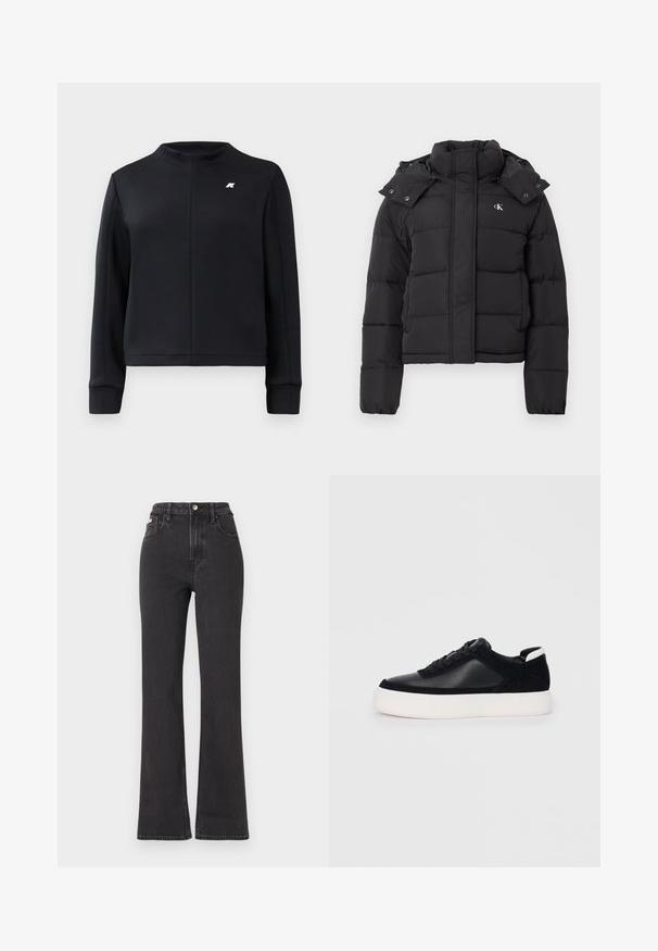 Čierna páperová bunda s vysokým golierom, odopínacou kapucňou so zacvakávacími gombíkmi a malým bielym logom "CK" na ľavom hrudníku.; Čierna mikina s vysokým golierom, dlhými rukávmi a priliehavým strihom. Má malé logo na hrudníku a textúrovanú tkaninu.; Čierne džíny s vysokým pásom a rozšírenými nohavicami vyrobené z denimu, s gombíkovým zapínaním, pútkami na opasok a bočnými vreckami. Hladká textúra s minimálnym ošúchaním.; Čierne tenisky s hladkou kožou a semišovými panelmi, plochými šnúrkami, zaoblenou špičkou a bielou gumovou podrážkou. Výrazné logo na päte.