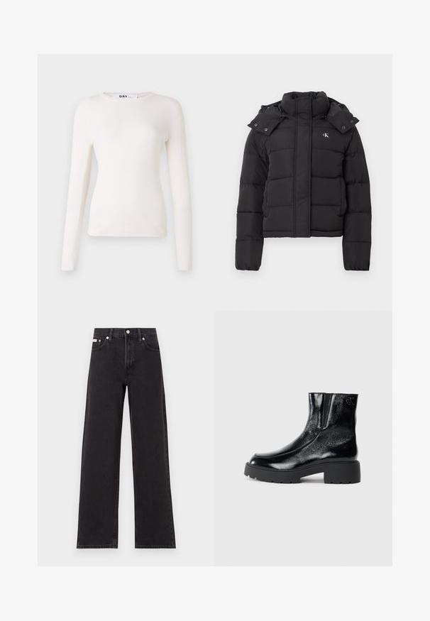 Black puffer jacket with high collar, detachable hood with snap buttons, and small white "CK" logo on the left chest.; Long-sleeve, ribbed white top with a round neckline, soft texture, and fitted design. No visible hardware or patterns. Smooth finish.; Black wide-leg jeans made of denim, featuring a high-rise waist, five-pocket styling, and a metal button closure with contrasting stitching.; Black ankle boots with a glossy patent leather finish, chunky black rubber sole, and raised heel; includes subtle logo detail on the side.