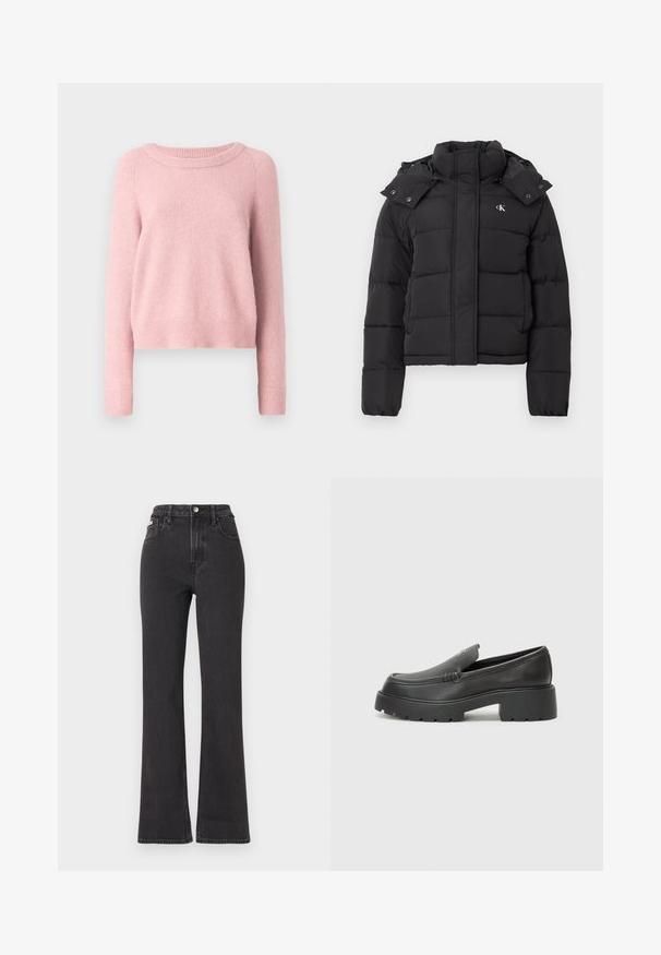 Black puffer jacket with high collar, detachable hood with snap buttons, and small white "CK" logo on the left chest.; Light pink sweater with a rounded neckline, long sleeves, and ribbed cuffs and hem. Soft texture, cropped design. No visible patterns.; Black high-waisted flared jeans made of denim, featuring a button closure, belt loops, and side pockets. Smooth texture with minimal fading.; Black leather loafers with a rounded toe, thick textured sole, and minimal stitching details. Sleek design with no visible laces or hardware.