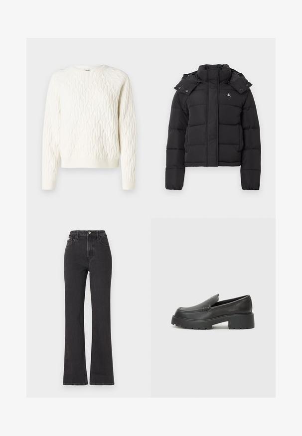 Black puffer jacket with high collar, detachable hood with snap buttons, and small white "CK" logo on the left chest.; White knitted sweater with a textured diamond pattern, round neckline, and ribbed cuffs and hem. Soft fabric with a cozy appearance.; Black high-waisted flared jeans made of denim, featuring a button closure, belt loops, and side pockets. Smooth texture with minimal fading.; Black leather loafers with a rounded toe, thick textured sole, and minimal stitching details. Sleek design with no visible laces or hardware.