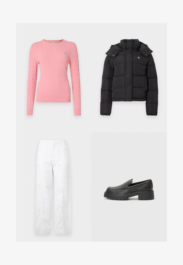 Black puffer jacket with high collar, detachable hood with snap buttons, and small white "CK" logo on the left chest.; Pink knitted sweater with cable knit pattern, crew neck, long sleeves, and ribbed hem. Small logo detail on the left chest.; White wide-leg trousers made of lightweight fabric, featuring a smooth texture, clean lines, and a high waist design.; Black leather loafers with a rounded toe, thick textured sole, and minimal stitching details. Sleek design with no visible laces or hardware.