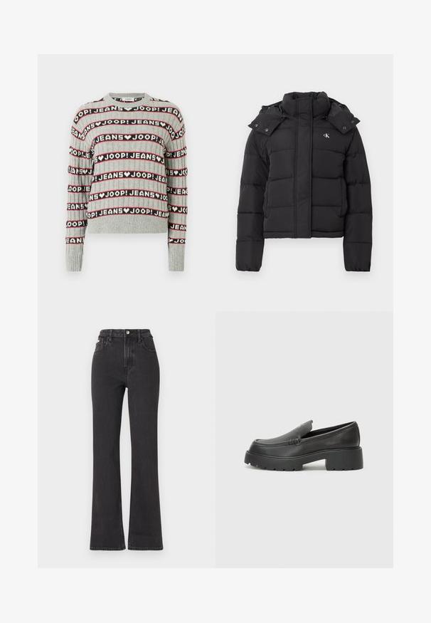Črn puhovka z visokim ovratnikom, snemljivo kapuco s pritisnimi gumbi in majhnim belim logotipom "CK" na levem prsnem delu.; Sivi pleteni pulover z vzorcem izmenjujočih se napisov "JOOP! JEANS" v črnih in rdečih črtah, z rebrastim okroglim izrezom in manšetami.; Črne kavbojke s visokim pasom in razširjenimi hlačnicami, narejene iz denima, z gumbom za zapiranje, zankami za pas in stranskimi žepi. Gladka tekstura z minimalnim bledenjem.; Črne usnjene loafers čevlje z zaobljenim nosom, debelim teksturiranim podplatom in minimalnimi šivi. Elegantna zasnova brez vidnih vezalk ali kovinskih delov.