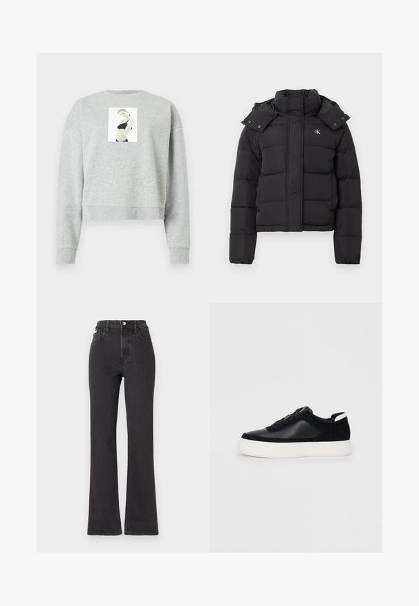 Fekete puffdzseki magas gallérral, levehető kapucnival, patentgombokkal, és kis fehér "CK" logóval a bal mellrészen.; Szürke, rövidített pulóver puha anyagból, középen a mellrészen elhelyezett fényképes nyomattal. Bordás mandzsetták és nyakkivágás.; Fekete, magas derekú, trapéz fazonú farmernadrág, gombos záródással, övrésszel és oldalsó zsebekkel. Sima textúrájú, minimális kopással.; Fekete sportcipő sima bőrből és velúr panelekkel, lapos fűzőkkel, kerek orral és fehér gumi talppal. Megkülönböztető logó a sarkán.