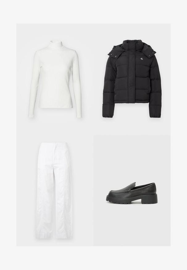 Casaco acolchoado preto com gola alta, capuz destacável com botões de pressão e pequeno logótipo branco "CK" no lado esquerdo do peito.; Camisola branca de gola alta com mangas longas, feita de tecido elástico. Apresenta um design justo e gola alta para maior cobertura.; Calças brancas de perna larga feitas de um tecido leve, com uma textura suave, linhas limpas e um design de cintura alta.; Mocassins de couro preto com bico arredondado, sola espessa e texturizada, e detalhes de costura minimalistas. Design elegante sem atacadores ou ferragens visíveis.