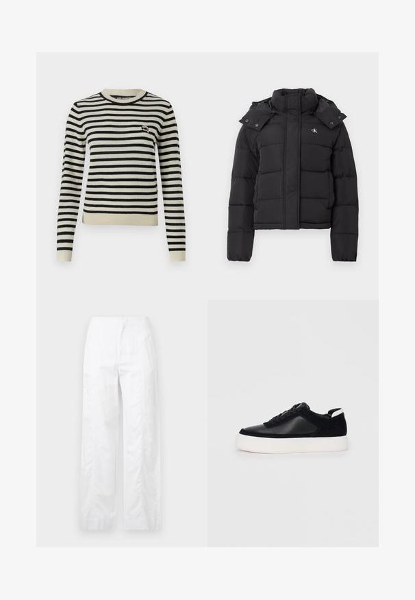Mustmust pusa, millel on kõrge krae, eemaldatav kapuuts, milles on pressnupud, ja väike valge "CK" logo vasakul rinnaosas.; Ribaga mustriga kootud sviiter koorevalges ja mustas, soonikkoes ümar kaelus, pikad varrukad, keha lähedane disain, väikese logomärgiga rinna peal.; Valged laiad püksid, mis on valmistatud kergetest materjalidest, omades siledat tekstuuri, puhtaid jooni ja kõrget vöökohta.; Mustad mustad spordijalanõud siledast nahast ja sametist paneelidega, lame nööriga, ümar varvas ja valge kummist tallaga. Erakordne logo kontsas.
