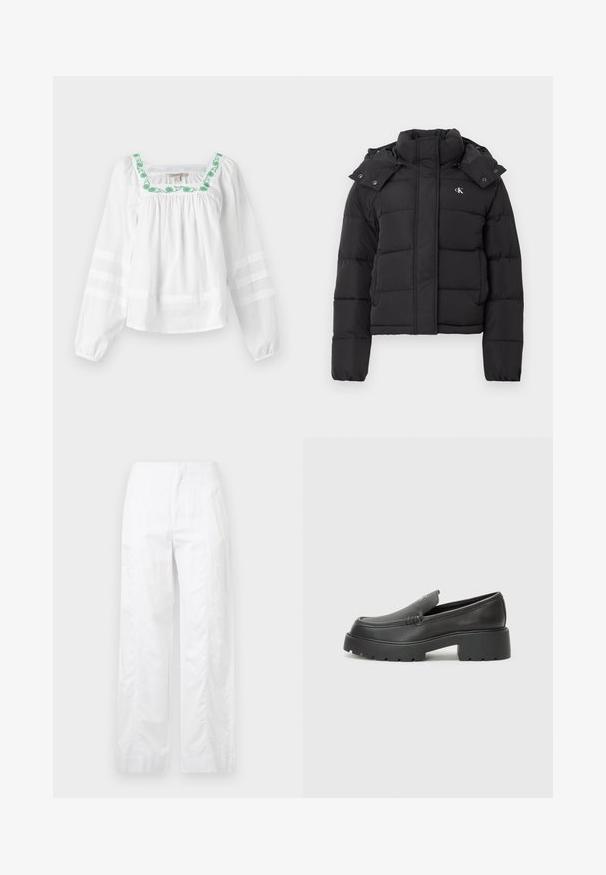 Casaco acolchoado preto com gola alta, capuz destacável com botões de pressão e pequeno logótipo branco "CK" no lado esquerdo do peito.; Blusa branca com decote quadrado, apresentando bordados florais verdes ao longo da gola. As mangas longas possuem riscas horizontais transparentes.; Calças brancas de perna larga feitas de um tecido leve, com uma textura suave, linhas limpas e um design de cintura alta.; Mocassins de couro preto com bico arredondado, sola espessa e texturizada, e detalhes de costura minimalistas. Design elegante sem atacadores ou ferragens visíveis.