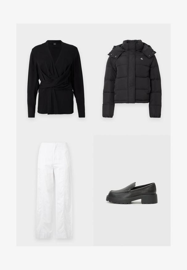 Črn puhovka z visokim ovratnikom, snemljivo kapuco s pritisnimi gumbi in majhnim belim logotipom "CK" na levem prsnem delu.; Črn zgornji del z ovitkom, izdelan iz mehke tkanine, z dolgimi rokavi, v-izrezom in veznim pasom, ki poudarja pas. Gladka tekstura.; Bela široka hlače iz lahkega materiala, ki se ponašajo z gladko teksturo, čistimi linijami in visokim pasom.; Črne usnjene loafers čevlje z zaobljenim nosom, debelim teksturiranim podplatom in minimalnimi šivi. Elegantna zasnova brez vidnih vezalk ali kovinskih delov.
