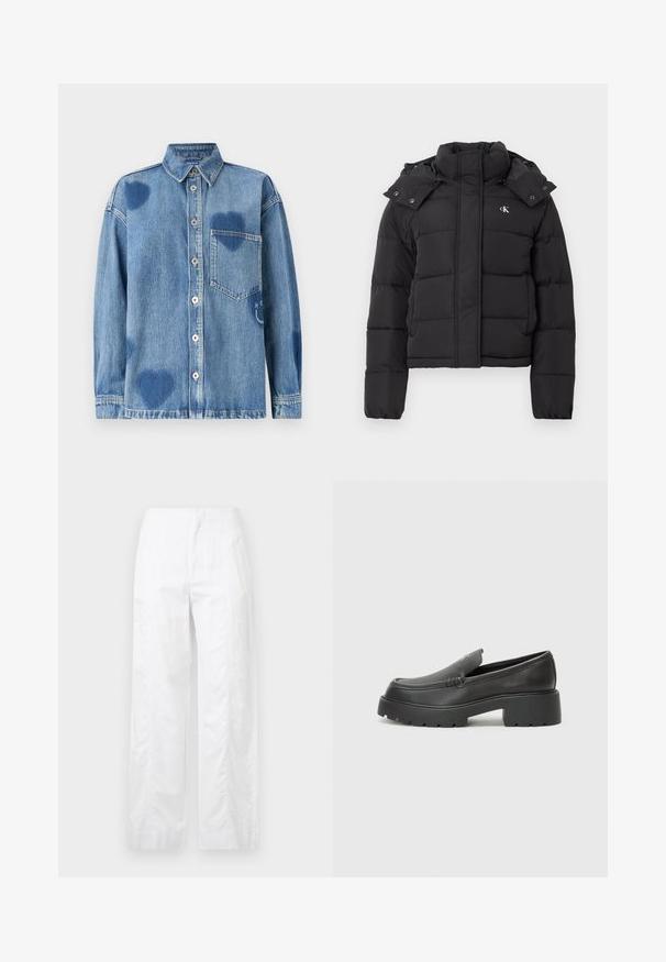 Čierna páperová bunda s vysokým golierom, odopínacou kapucňou so zacvakávacími gombíkmi a malým bielym logom "CK" na ľavom hrudníku.; Džínová košeľa vo svetlomodrej farbe s akcentmi v tvare srdca, so špicatým golierom, prednou vreckom a gombíkovou légou. Mäkká, textúrovaná tkanina.; Biele široké nohavice z ľahkej látky, s hladkou textúrou, čistými líniami a vysokým pásom.; Čierne kožené mokasíny s okrúhlou špičkou, hrubou textúrovanou podrážkou a minimom stehovej výzdoby. Štíhly dizajn bez viditeľných šnúr alebo kovania.