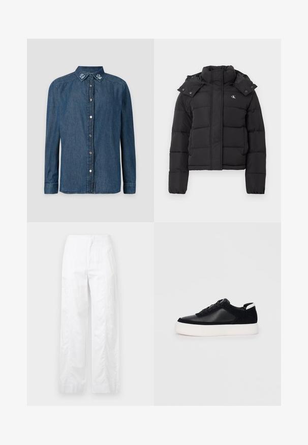 Crna puf jakna s visokim ovratnikom, odvojivom kapom na dugmad i malim bijelim "CK" logotipom na lijevoj strani prsiju.; Tamno plava traper košulja s dugim rukavima, prednjim gumbima i ukrasnim plavim cvjetnim vezom na ovratniku. Glatka tekstura, ležeran dizajn.; Bijele široke hlače od laganog materijala, s glatkom teksturom, čistim linijama i visokim strukom.; Crne tenisice s glatkom kožom i panelima od antilopa, ravne vezice, zaobljenim vrhom i bijelim gumeni potplat. Izraziti logo na peti.