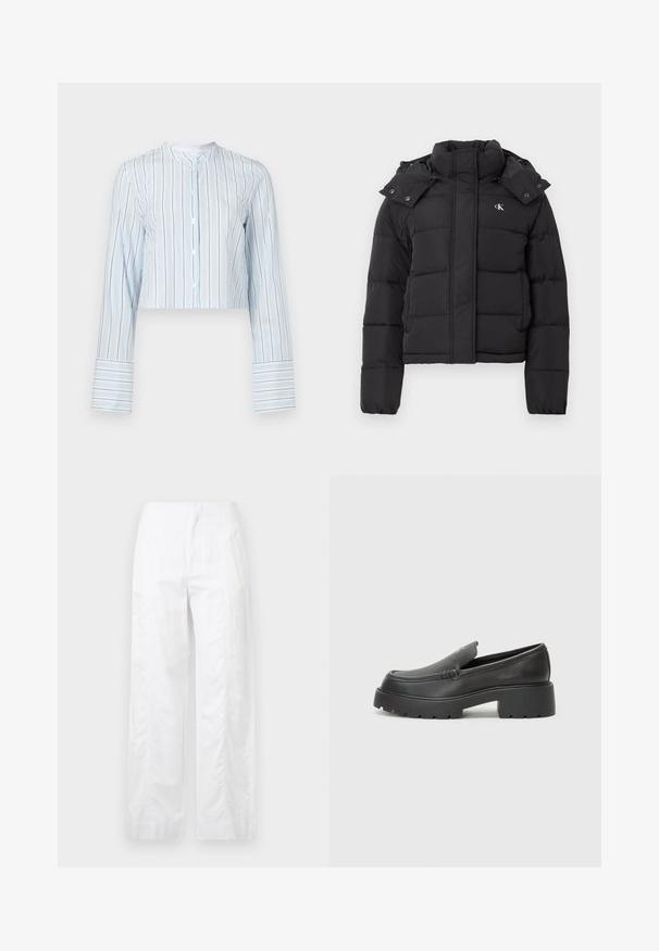 Black puffer jacket with high collar, detachable hood with snap buttons, and small white "CK" logo on the left chest.; Cropped long-sleeve shirt in light blue with vertical stripes. Features a round collar and white buttons along the front. Striped cuffs.; White wide-leg trousers made of lightweight fabric, featuring a smooth texture, clean lines, and a high waist design.; Black leather loafers with a rounded toe, thick textured sole, and minimal stitching details. Sleek design with no visible laces or hardware.