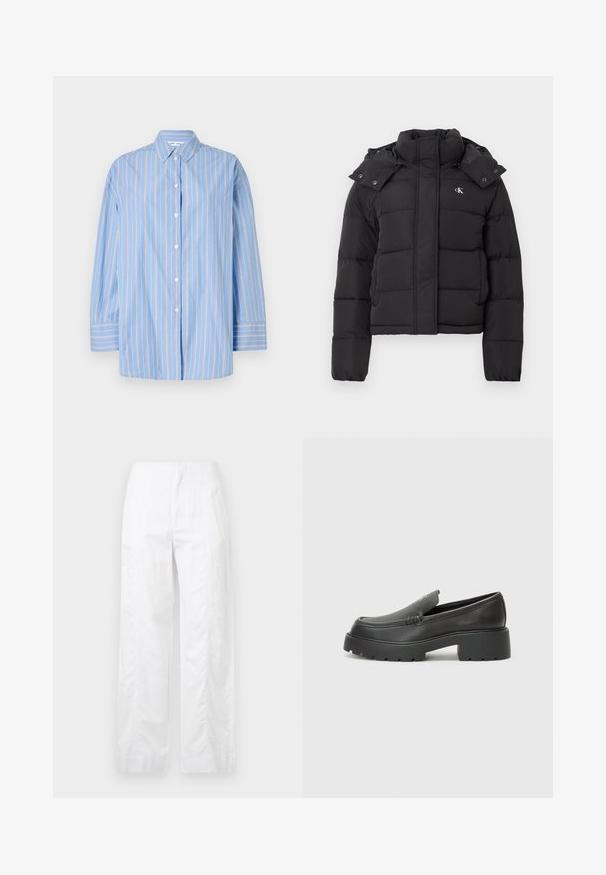 Giubbotto imbottito nero con colletto alto, cappuccio rimovibile con bottoni a pressione e piccolo logo bianco "CK" sul lato sinistro del petto.; Camicia a maniche lunghe a righe blu realizzata in tessuto leggero. Presenta un colletto classico, chiusura con bottoni e righe verticali bianche.; Pantaloni bianchi a gamba larga realizzati in tessuto leggero, con una texture liscia, linee pulite e un design a vita alta.; Mocassini in pelle nera con punta arrotondata, suola spessa e testurizzata, e minime cuciture. Design elegante senza lacci o parti metalliche visibili.