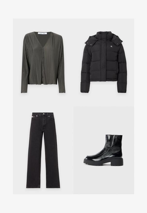 Sort puffer-jakke med høj krave, aftagelig hætte med trykknapper og lille hvid "CK"-logo på venstre bryst.; Mørkegrøn, langærmet skjorte med knapper og V-hals, plisseret struktur og sorte knapper. Stoffet ser glat og let ud.; Sorte vidde jeans lavet af denim, med høj talje, fem-lomme stil og en metalknap lukning med kontrasterende syninger.; Sorte ankelstøvler med en blank patentlæderfinish, chunky sort gummisål og hævet hæl; inkluderer subtilt logodetalje på siden.