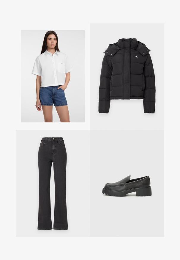 Black puffer jacket with high collar, detachable hood with snap buttons, and small white "CK" logo on the left chest.; White cropped button-up shirt with short sleeves, featuring a left chest pocket and a smooth texture. Paired with denim shorts.; Black high-waisted flared jeans made of denim, featuring a button closure, belt loops, and side pockets. Smooth texture with minimal fading.; Black leather loafers with a rounded toe, thick textured sole, and minimal stitching details. Sleek design with no visible laces or hardware.