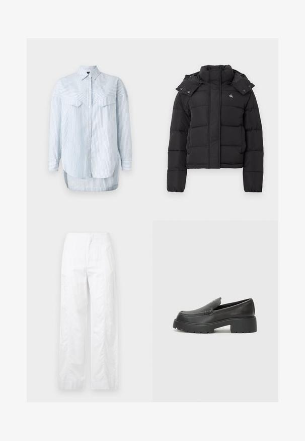 Crna puf jakna s visokim ovratnikom, odvojivom kapom na dugmad i malim bijelim "CK" logotipom na lijevoj strani prsiju.; Svijetloplavi prugasti košulja na dugih rukava s klasičnim ovratnikom i dvije džepove na prsima. Rub je zakrivljen i duži straga.; Bijele široke hlače od laganog materijala, s glatkom teksturom, čistim linijama i visokim strukom.; Crne kožne loaferice s zaobljenim vrhom, debelim teksturiranim potplatom i minimalnim detaljima šivanja. Elegantna izrada bez vidljivih vezica ili metalnih elemenata.