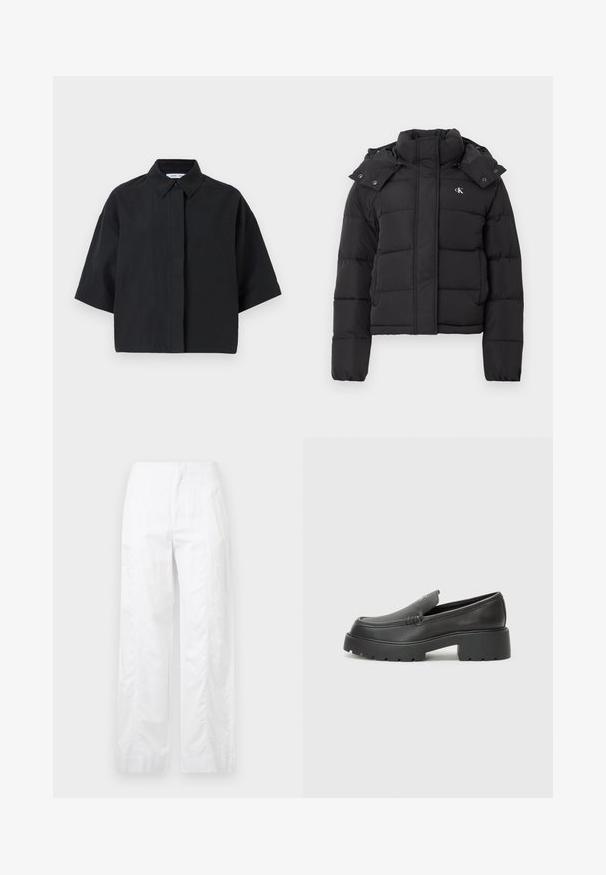 Fekete puffdzseki magas gallérral, levehető kapucnival, patentgombokkal, és kis fehér "CK" logóval a bal mellrészen.; Rövid ujjú, galléros ing egyszínű fekete. Könnyű anyagból készült, laza szabású. Elöl gombos záródással és minimális varrással rendelkezik.; Fehér, széles szárú nadrág könnyű anyagból, sima textúrával, letisztult vonalakkal és magasderék kialakítással.; Fekete bőr loafer cipők kerek orral, vastag, texturált talppal és minimális varrási részletekkel. Áramvonalas dizájn, látható fűzők vagy fém részek nélkül.