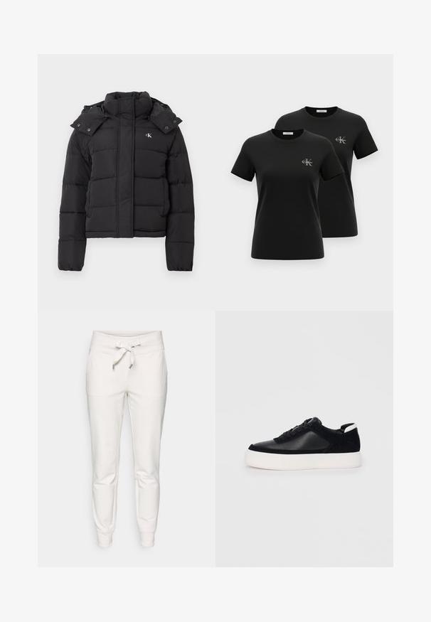 Casaco acolchoado preto com gola alta, capuz destacável com botões de pressão e pequeno logótipo branco "CK" no lado esquerdo do peito.; Duas t-shirts pretas de manga curta com decote redondo e pequenos logotipos cinzentos "CK Calvin Klein" no lado esquerdo do peito, apresentadas num fundo branco.; Calças de treino brancas feitas de tecido suave, com cintura de cordão, punhos elásticos e dois bolsos laterais para maior praticidade.; Sapatilha preta com painéis de pele lisa e camurça, atacadores planos, bico arredondado e sola de borracha branca. Logótipo distinto no calcanhar.