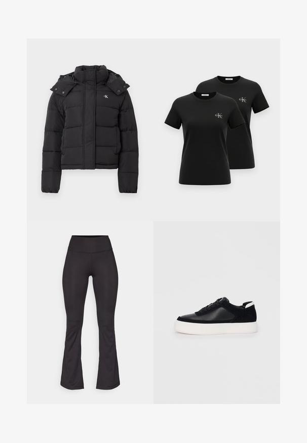 Juoda pūkinė striukė su aukštu apykakle, nuimama kapučino su spaudiniais ir mažu baltu "CK" logotipu kairiajame krūtinės gale.; Du marškinėliai trumpomis juodomis rankovėmis su mažu pilku „CK Calvin Klein“ logotipu kairėje krūtinės pusėje, pateikti ant balto fono.; Juodos plačios leginsai, pagaminti iš tamprios medžiagos. Aukšta juosmens linija, glotni tekstūra ir prigludę visame ilgyje su niūriu išsiplėtimu apačioje.; Juodi sportbačiai su lygiu oda ir zomšinėmis detalėmis, plokščiomis raišteliais, apvaliu walko ir balta guma iš baze. Išskirtinė logotipas ant kulno.