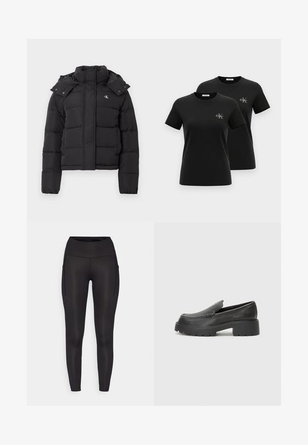 Giubbotto imbottito nero con colletto alto, cappuccio rimovibile con bottoni a pressione e piccolo logo bianco "CK" sul lato sinistro del petto.; Due magliette nere a maniche corte con collo tondo, con piccoli loghi grigi "CK Calvin Klein" sul petto sinistro, esposte su uno sfondo bianco.; Leggings neri con vita alta, caratterizzati da due tasche laterali e una texture liscia e elasticizzata. Progettati per il comfort e la facilità di movimento.; Mocassini in pelle nera con punta arrotondata, suola spessa e testurizzata, e minime cuciture. Design elegante senza lacci o parti metalliche visibili.