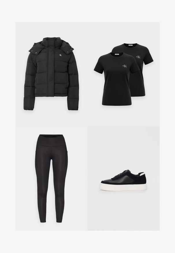 Schwarze Pufferjacke mit hohem Kragen, abnehmbarem Kapuzenschild mit Druckknöpfen und kleinem weißen "CK"-Logo auf der linken Brust.; Zwei schwarze kurzärmelige T-Shirts mit Rundhalsausschnitt und kleinen grauen "CK Calvin Klein" Logos auf der linken Brust, dargestellt vor weißem Hintergrund.; Schwarze Leggings mit hohem Bund, ausgestattet mit zwei Seitentaschen und einer glatten, elastischen Textur. Entwickelt für Komfort und Bewegungsfreiheit.; Schwarze Sneakers mit glattem Leder und Wildleder-Einsätzen, flachen Schnürsenkeln, runder Zehenpartie und einer weißen Gummisohle. Deutliches Logo an der Ferse.