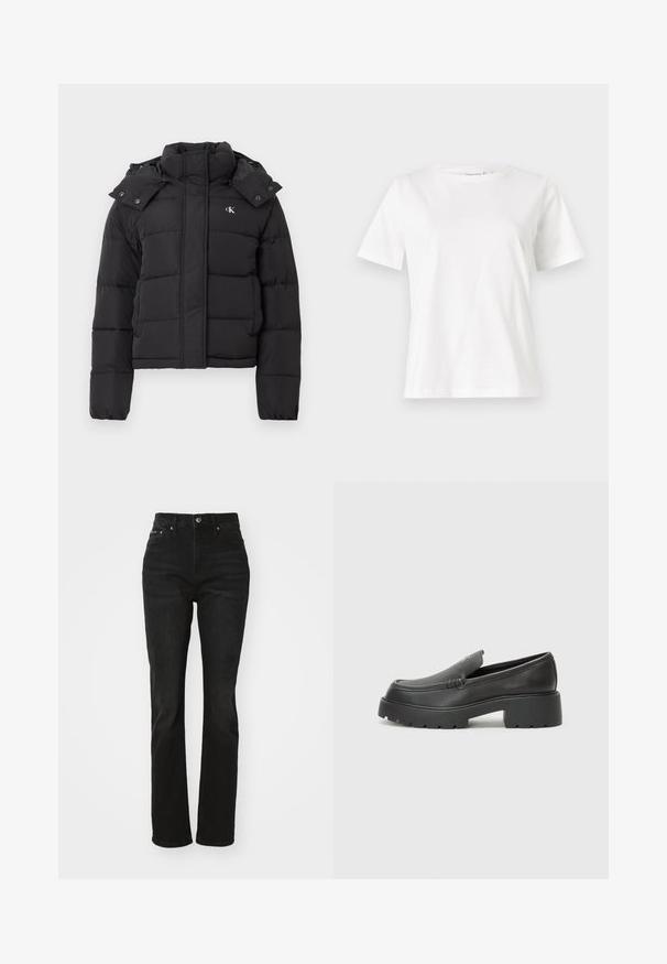Jachetă puffer neagră cu guler înalt, glugă detașabilă cu capse și mic logo alb "CK" pe pieptul stâng.; Tricou alb din bumbac cu mâneci scurte, guler rotund și o croială relaxată. Textură netedă, fără imprimeuri sau accente, design minimalist.; Jeans negri cu talie înaltă, cu design drept, realizati din denim. Prezintă un stil clasic cu cinci buzunare și închidere cu buton de culoare argintie.; Mocasini din piele neagră, cu vârf rotunjit, talpă groasă texturată și detalii minimale de cusătură. Design elegant, fără șireturi sau accesorii vizibile.