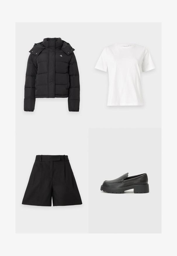 Black puffer jacket with high collar, detachable hood with snap buttons, and small white "CK" logo on the left chest.; White cotton t-shirt with short sleeves, round neckline, and a relaxed fit. Smooth texture, no patterns or accents, minimalistic design.; Black tailored shorts with a wide leg, featuring a flat front, pleats, and a smooth texture. Designed with a belt loop waist.; Black leather loafers with a rounded toe, thick textured sole, and minimal stitching details. Sleek design with no visible laces or hardware.