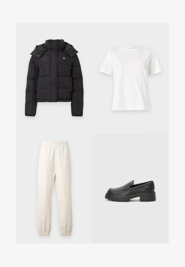 Jachetă puffer neagră cu guler înalt, glugă detașabilă cu capse și mic logo alb "CK" pe pieptul stâng.; Tricou alb din bumbac cu mâneci scurte, guler rotund și o croială relaxată. Textură netedă, fără imprimeuri sau accente, design minimalist.; Pantaloni de trening crem dintr-un material moale, având un bandă elastică la talie și manșete ribbate. Detaliu subtil cu logo pe lateral.; Mocasini din piele neagră, cu vârf rotunjit, talpă groasă texturată și detalii minimale de cusătură. Design elegant, fără șireturi sau accesorii vizibile.