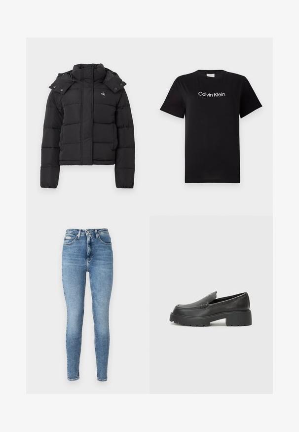 Jachetă puffer neagră cu guler înalt, glugă detașabilă cu capse și mic logo alb "CK" pe pieptul stâng.; Tricou din bumbac negru cu mâneci scurte, având un logo alb "Calvin Klein" imprimat pe piept. Design clasic cu gât rotund.; Blugi skinny de culoare albastru deschis, din denim. Au un talie înaltă, design cu cinci buzunare și ușoară decolorare cu accente de cusătură.; Mocasini din piele neagră, cu vârf rotunjit, talpă groasă texturată și detalii minimale de cusătură. Design elegant, fără șireturi sau accesorii vizibile.