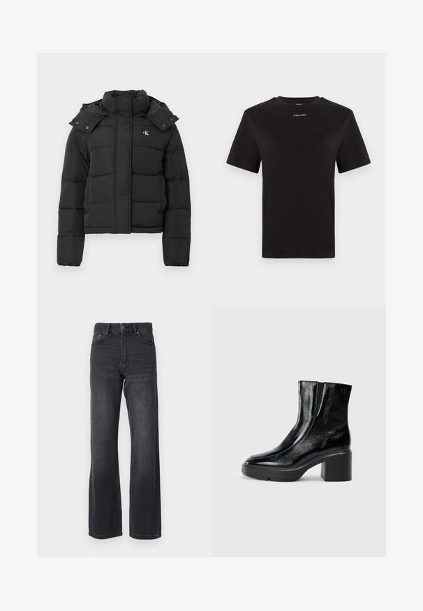 Čierna páperová bunda s vysokým golierom, odopínacou kapucňou so zacvakávacími gombíkmi a malým bielym logom "CK" na ľavom hrudníku.; Čierne bavlnené tričko s krátkymi rukávmi, klasickým výstrihom a malým bielym logom "Calvin Klein" na hrudi. Hladká textúra, klasický strih.; Čierne džínsy s vysokým pásom a rovnými nohavicami, vyrobené z denimu. Obsahujú päť vreciek a jemné vyblednutie na látke.; Čierne lakované členkové topánky s zakrivenou špičkou, elastickými bočnými panelmi a masívnym blokovým opätkom. S embosovaným logom na zadnej strane.