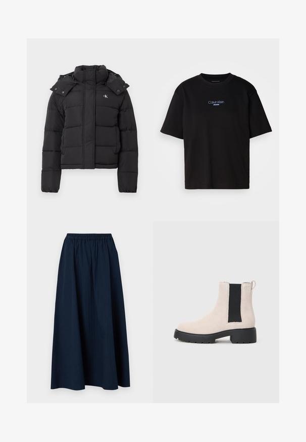 Melna pūkainā jaka ar augstu apkakli, noņemamu kapuci ar spiedpogām un mazu baltu "CK" logo kreisajā krūtī.; Melna kokvilnas T-kreklu ar apaļu kaklu, īsām piedurknēm un zilu izšūtu "Calvin Klein JEANS" logo priekšpusē.; Tumši zils, pilna garuma svārki, izgatavoti no tekstūras auduma ar elastīgu jostu un smalkām vertikālām svītrām.; Bežs zamšs Čelsijas zābaks ar melnu elastīgu sānu paneli, masīvu melnu zoli unvilkšanas cilpu pie potītes.
