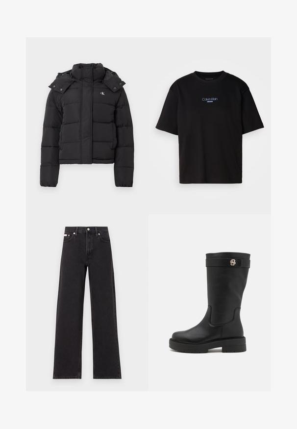 Černá péřová bunda s vysokým límcem, odepínací kapucí se cvoky a malým bílým logem "CK" na levé hrudi.; Černé bavlněné tričko s kulatým výstřihem a krátkými rukávy, s modrou vyšitou nášivkou "Calvin Klein JEANS" na přední straně.; Černé široké jeansy vyrobené z denimu, s vysokým pasem, pěti kapsami a kovovým zapínáním s kontrastním prošíváním.; Černé vysoké kozačky po kolena s hladkým koženým povrchem, silnou podrážkou a dekorativním páskem s zlatým logem.